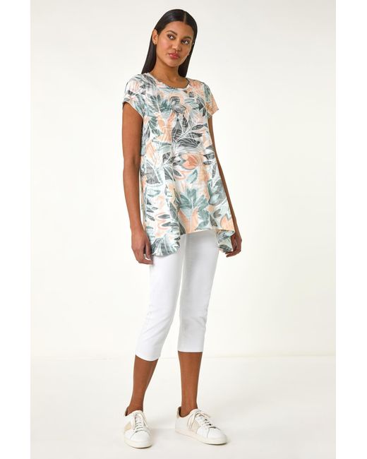 Roman White Leaf Print Hanky Hem Tunic Top