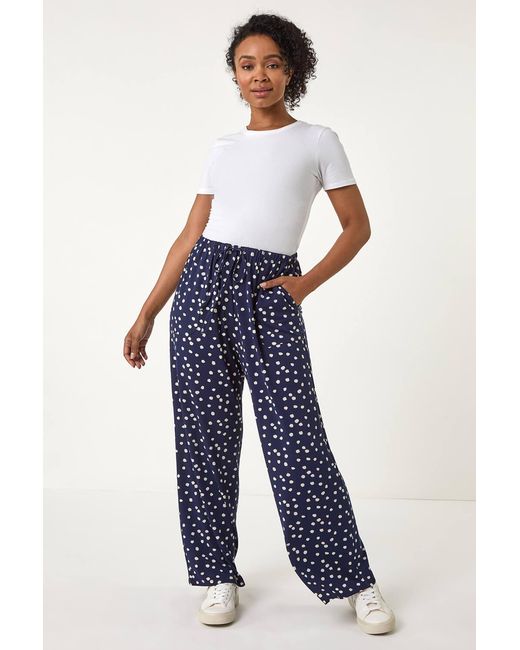 Roman Petite Blue Spot Print Wide Leg Stretch Trouser