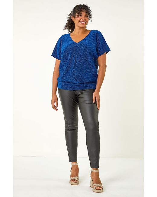 Roman Curve Blue Metallic Plisse Banded Top