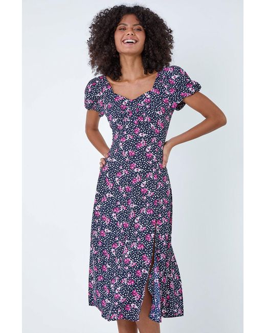 D.u.s.k White Floral Polka Dot Puff Sleeve Midi Dress