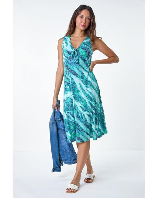 Roman Blue Burnout Abstract Knot Front Stretch Dress