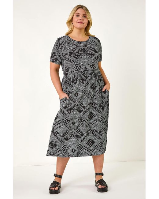 Roman Curve Black Paisley Print Stretch Midi Dress