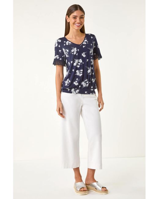 Roman Blue Floral Print V-Neck Lace Stretch Top