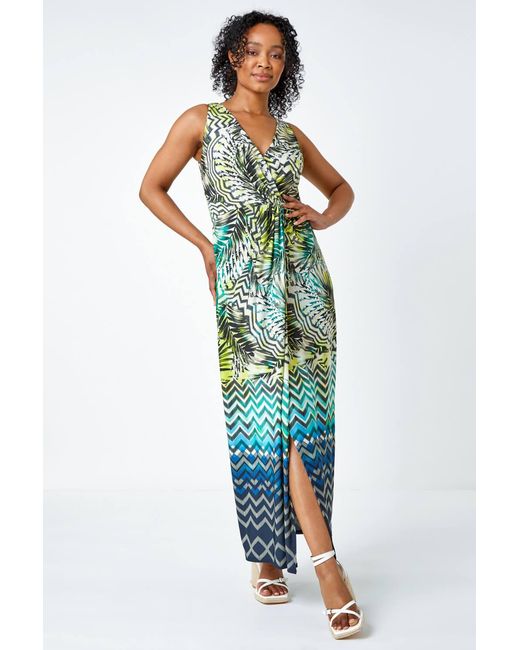 Roman Petite Green Abstract Print Ruched Wrap Maxi Dress