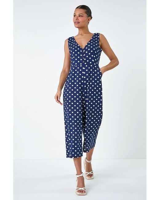 Lilly-and-Hope Blue Polka Dot Print Pocket Jumpsuit