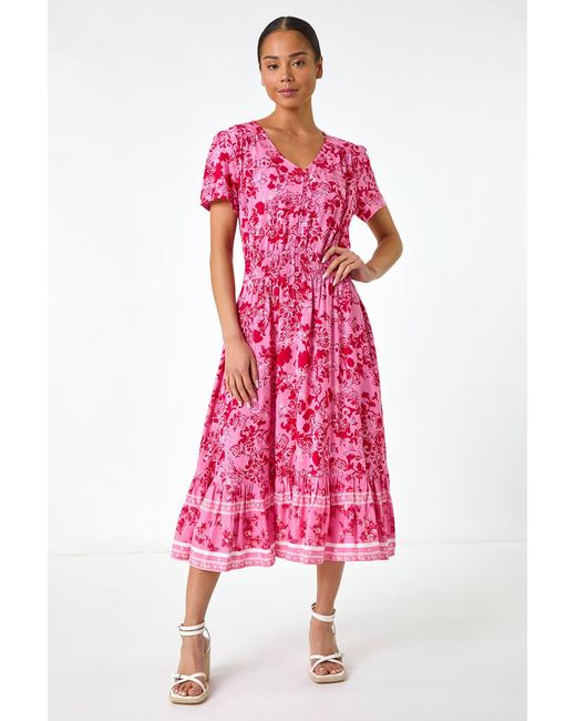 Roman Petite Pink Floral Border Midi Dress