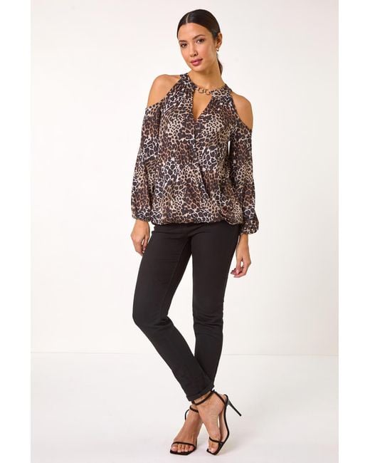Roman Natural Animal Print Cold Shoulder Stretch Top