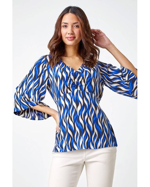 Roman Blue Abstract Print V-Neck Ruched Tunic Top