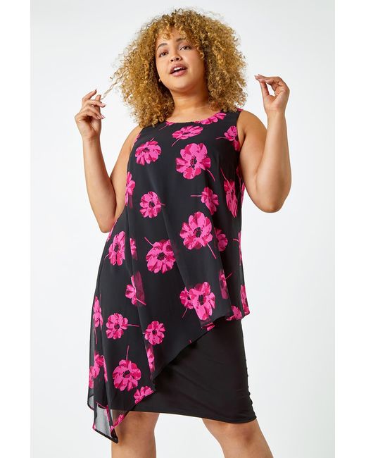 Roman Curve Purple Sleeveless Floral Chiffon Overlay Dress