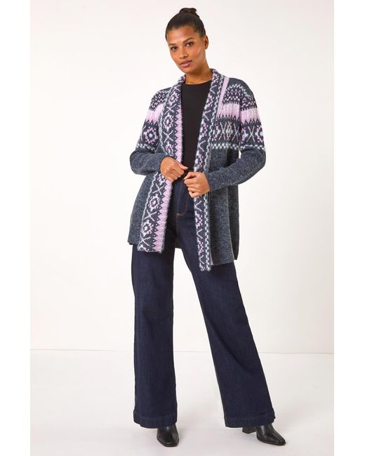 Roman Blue Longline Pattern Knit Cardigan