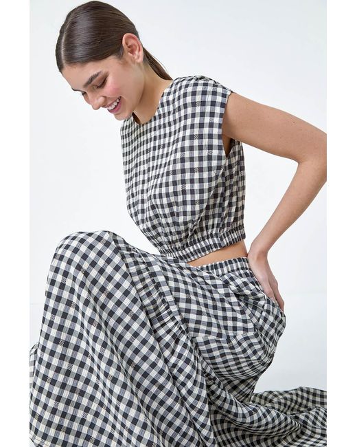 Roman Gray Gingham Check Print Textured Top