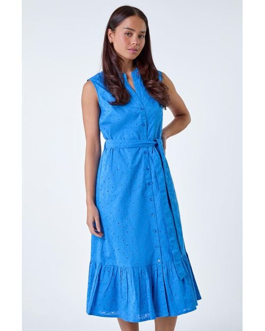 Roman Blue Petite Cotton Broderie Frill Midi Dress