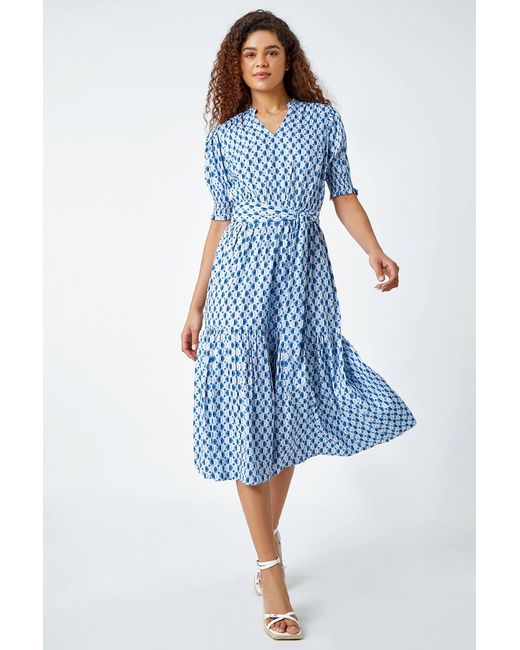 Roman Blue Geometric Tiered Belted Midi Dress