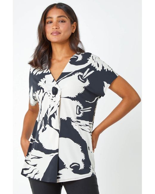 Roman White Palm Print Button Detail V-Neck Top