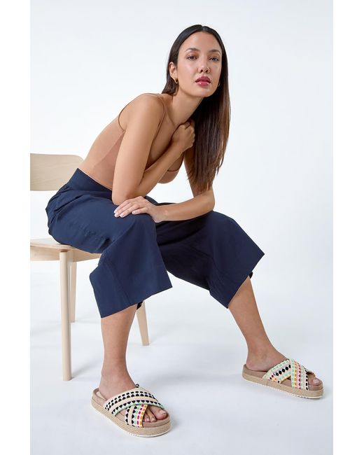 Roman Blue Elastic Waist Wide Leg Cotton Cropped Culottes