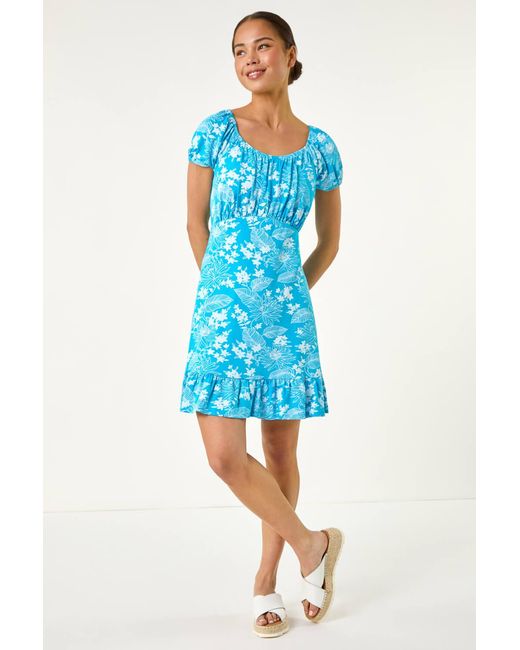 Roman Petite Blue Floral Frill Ruched Dress