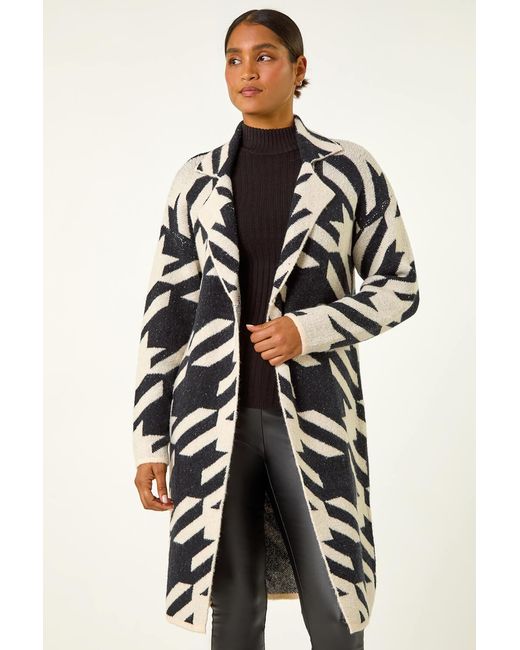 Roman Black Houndstooth Knit Edge-to-Edge Coatigan