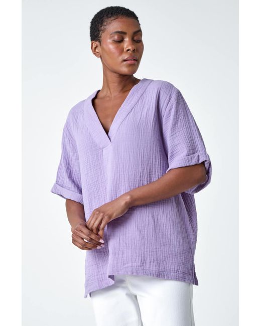 Roman Purple Textured Cotton Relaxed V-Neck T-Shirt