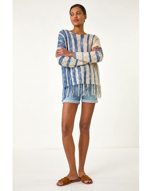 Roman Blue Textured Fringe Hem Knit Jumper