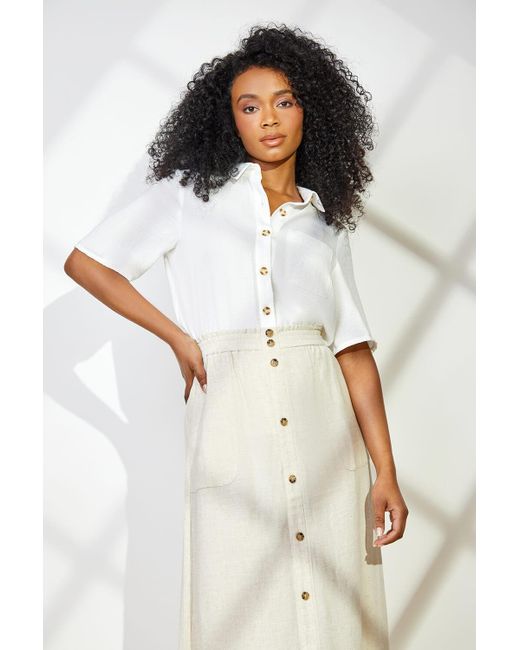 Roman Natural Petite Linen Blend Button Midi Skirt