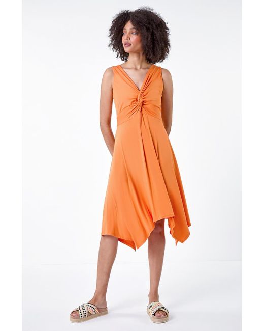 Roman Orange Twist Front Hanky Hem Stretch Dress