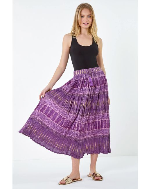 Roman Purple Crinkle Cotton Metallic Foil A Line Midi Skirt