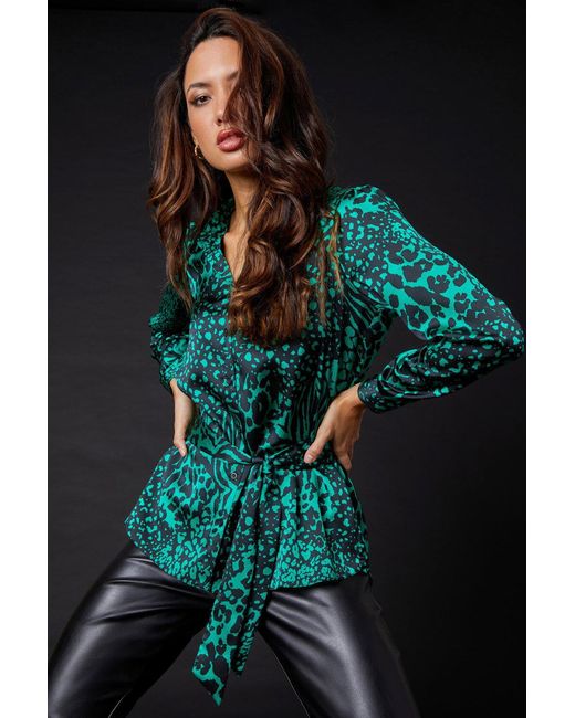 Roman Blue Animal Print Satin Tunic Shirt