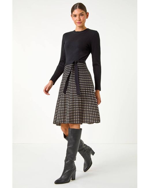 Roman Black Check Print Belted Jumper Dress