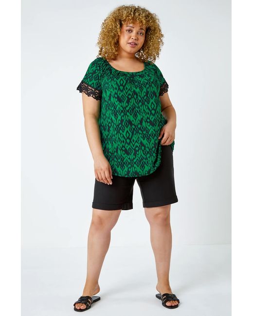 Roman Curve Green Lace Trim Bardot Stretch Top