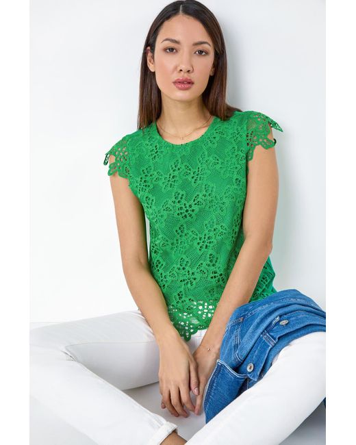 Roman Green Floral Lace Sleeveless Top