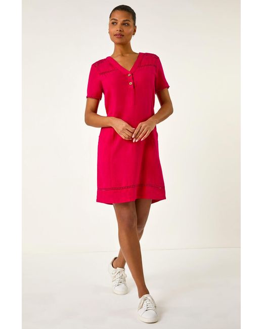 Roman Red Linen Mix Button Shift Dress