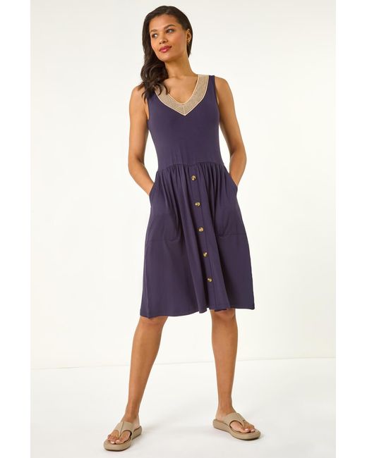 Roman Blue Contrast V-Neck Stretch Dress
