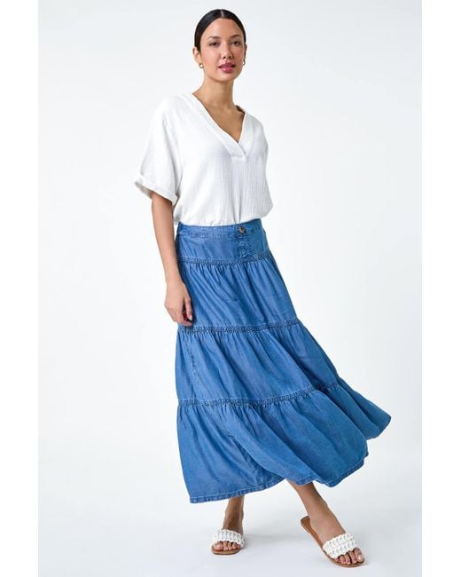 Roman Blue Denim Wash Tiered Maxi Skirt