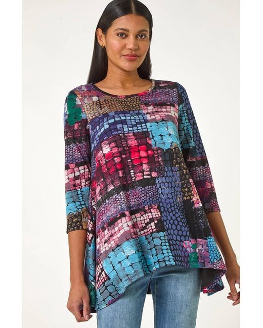 Roman Blue Abstract Print Asymmetric Tunic