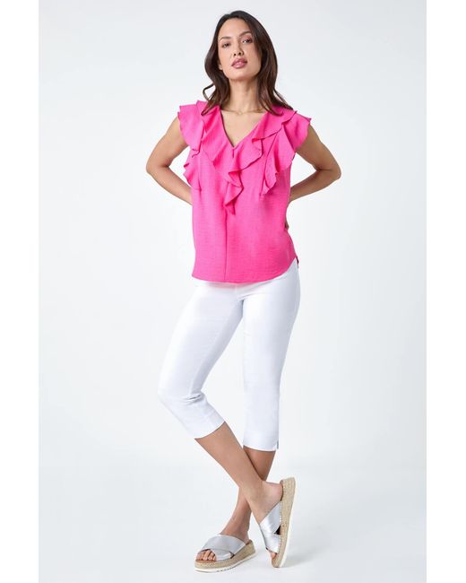 Roman Pink Sleeveless V-Neck Ruffle Detail Vest