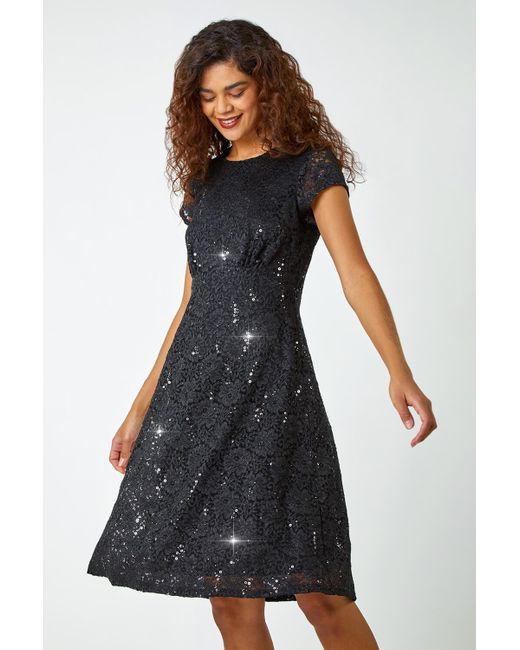 Roman Black Sequin Fluted Hem Lace Stretch Dress