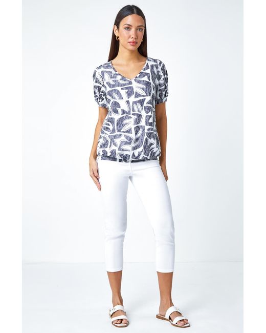 Roman White Abstract Burnout V-Neck Blouson Stretch Top