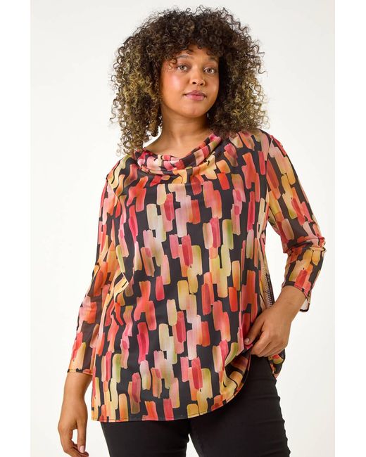 Roman Curve Red Abstract Print Mesh Cowl Neck Top