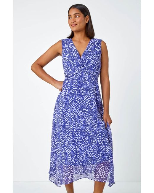 Roman Blue Sleeveless Abstract Knot Front Midi Dress