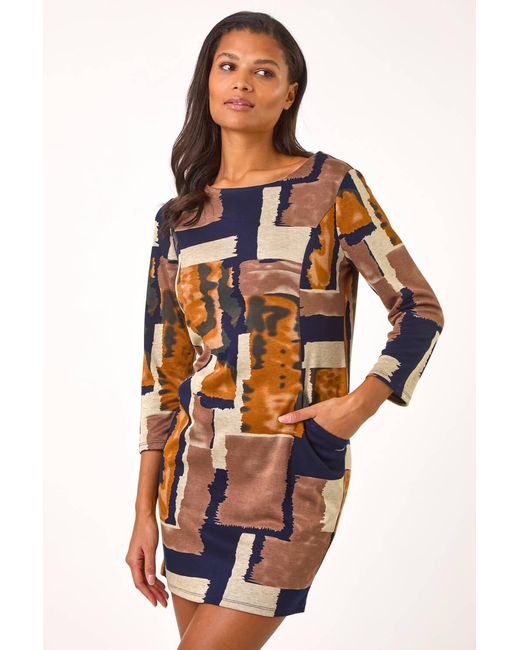 Roman Orange Geometric Print Pocket Shift Dress