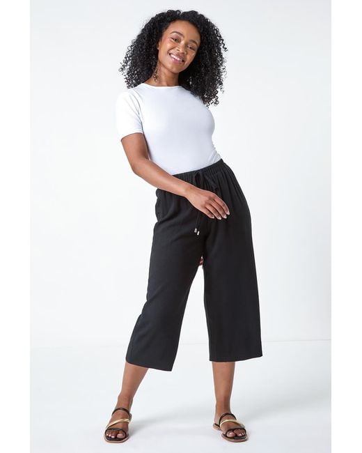 Roman Petite White Linen Mix Wide Cropped Trousers