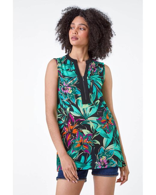 Roman Green Sleeveless Tropical Print Zip Top