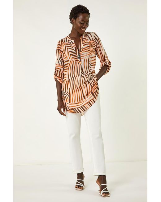 Roman Orange Abstract Linear Print V-Neck Button Top
