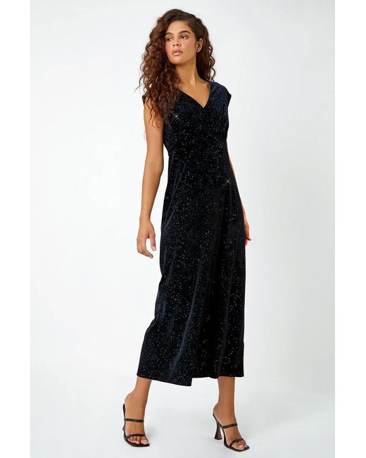 Roman Black Glitter Velvet Maxi Stretch Dress