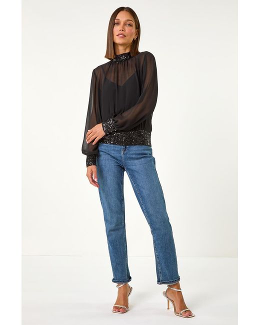 Roman Black Sequin Chiffon High-Neck Top