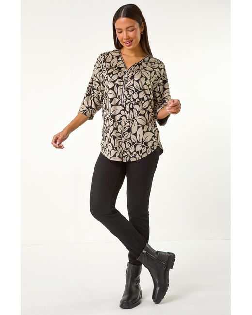 Roman Black Leaf Print Front Zip Stretch Top