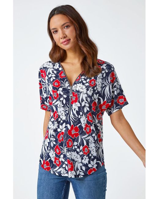 Roman Blue Textured Floral Print Zip Top