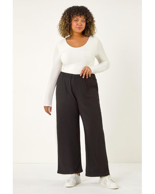 Roman Curve Black Textured Elastic Waist Wide Leg Trouser