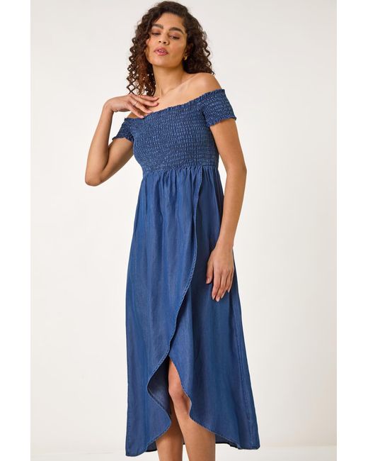 Roman Blue Bardot Shirred Maxi Dress