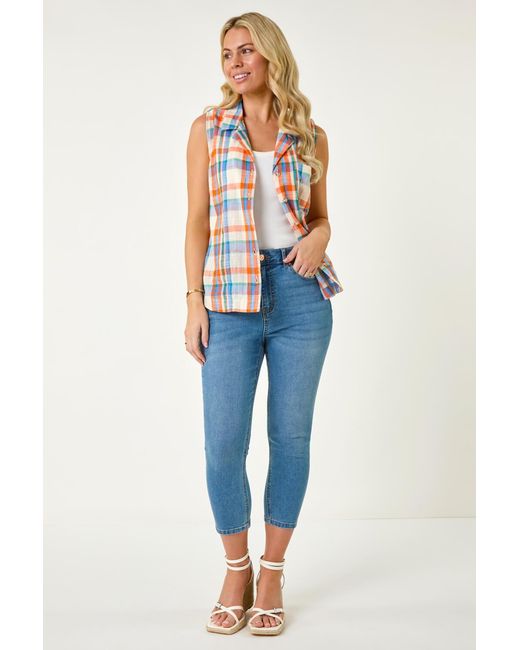 Roman Petite White Check Print Button Blouse